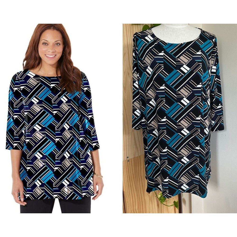 NWT Catherines Plus‎ Anywear Tunic 1X Teal Geometric Print Slinky Knit Travel